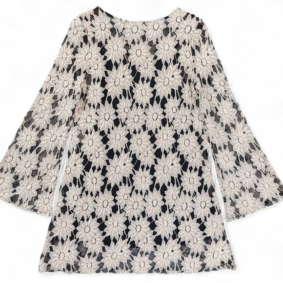 Blu Pepper Tunic Dress Sz M Lace Floral Sheer Bell Sleeve Boho Attached Slip - Picture 2 of 9